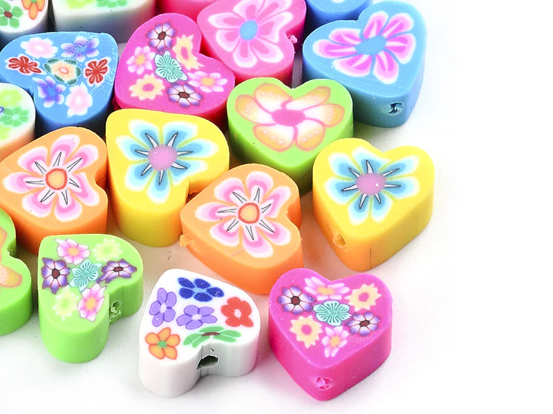 20 perles cœurs effet millefiori en pâte polymère - multicolore - 9 mm