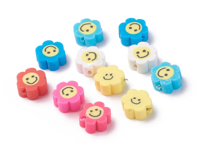 20 perles fleurs en pâte polymère - paquerette souriante - multicolore
