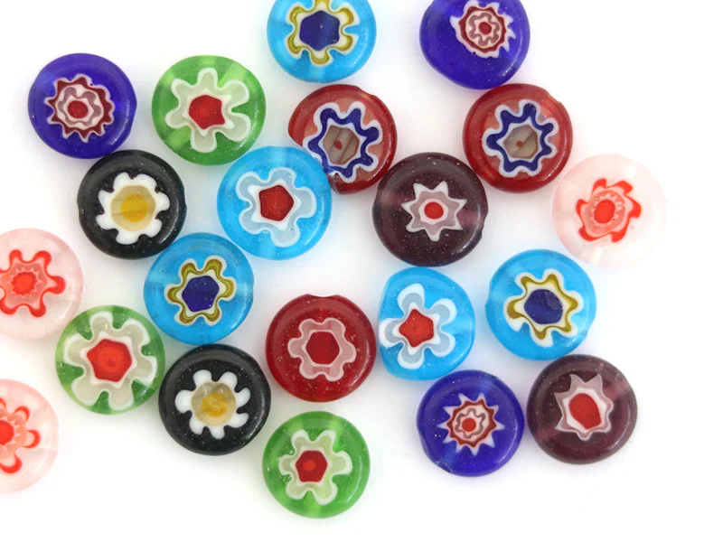 20 perles millefiori en verre - rond plat - 10x4 mm