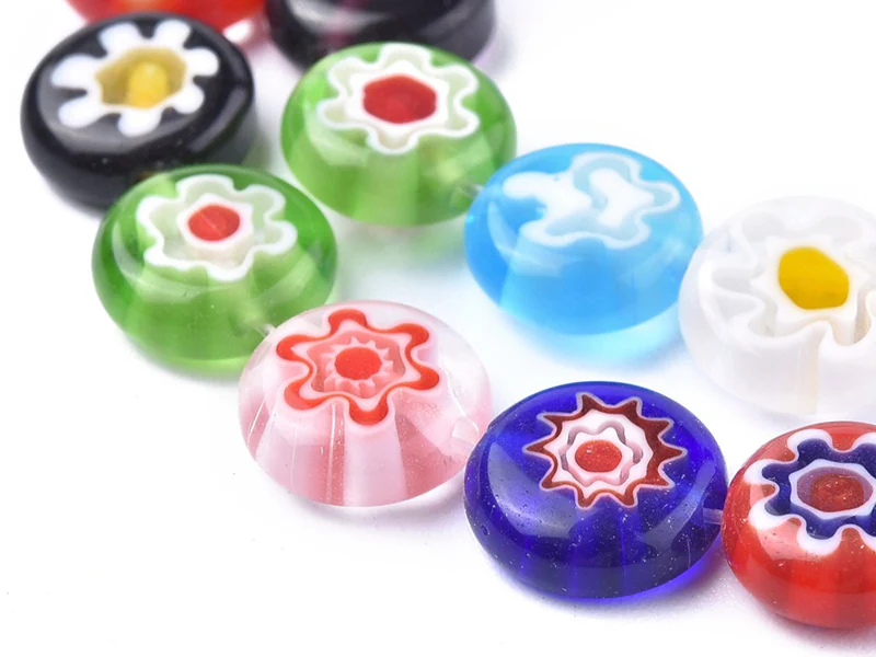 20 perles millefiori en verre - rond plat - 10x4 mm - Image 2