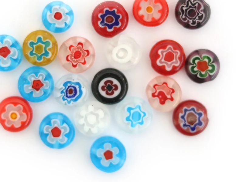 20 perles millefiori en verre - rond plat - 8x3 mm
