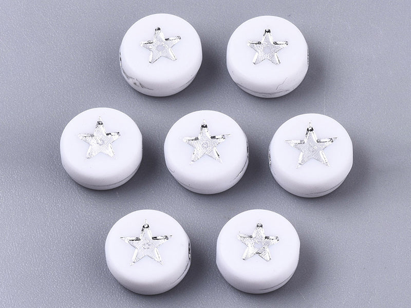 20 perles rondes en plastique - étoiles - argenté et blanc - Image 3