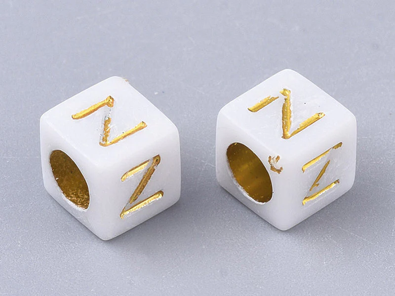 200 mini perles carrées - cubes en plastique - lettres alphabet - blanc et doré - 4,5 mm - Image 3