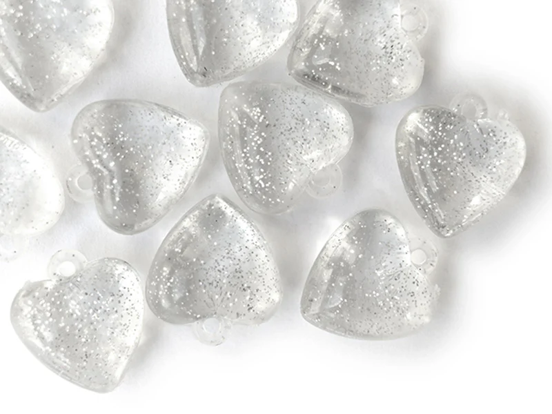 10 perles en plastique - coeur transparents à paillettes - 22 mm