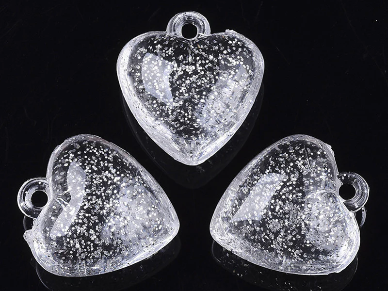 10 perles en plastique - coeur transparents à paillettes - 22 mm - Image 2