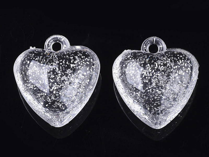 10 perles en plastique - coeur transparents à paillettes - 22 mm - Image 3