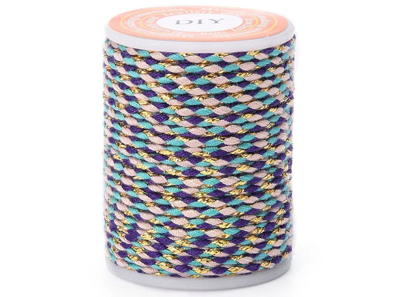 Bobine de 4 m de cordon en coton tressé - Bleu, doré et rose