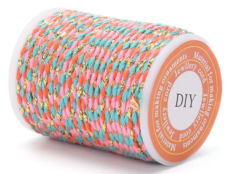 Bobine de 4 m de cordon en coton tressé - Orange, rose, bleu et doré - Image 2