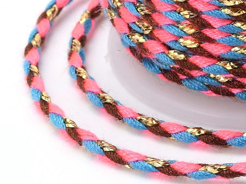 Bobine de 4m de cordon en coton tressé - Marron, rose, bleu et doré - Image 2
