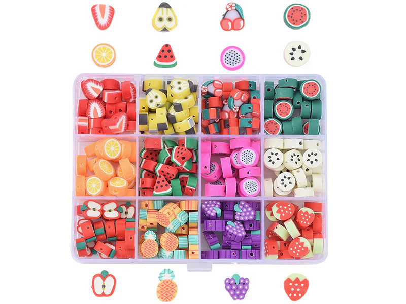 Boite de 12 compartiments de perles fruits en pâte polymère - Multicolore