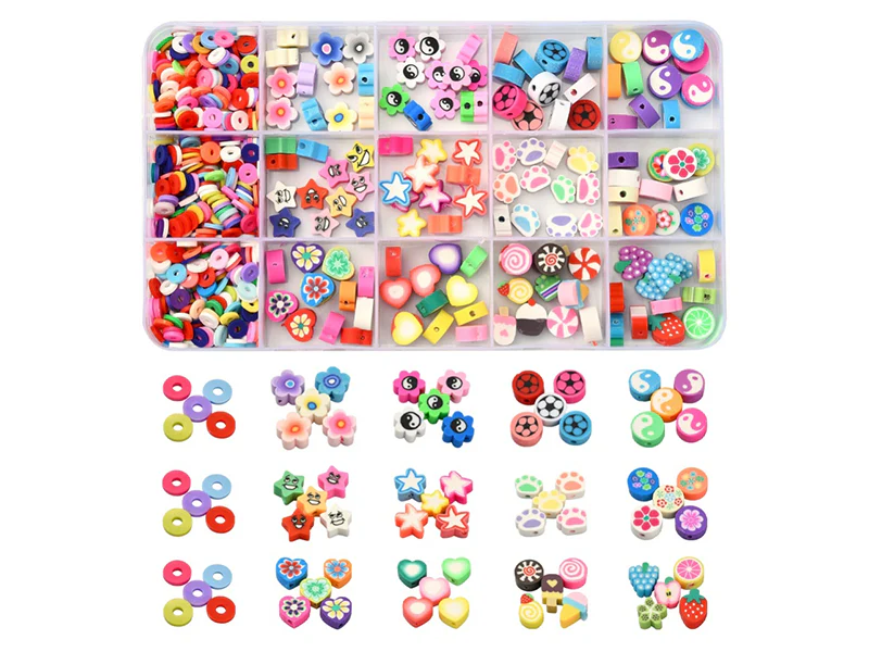 Boite de 15 styles de perles en pâte polymère - Multicolore