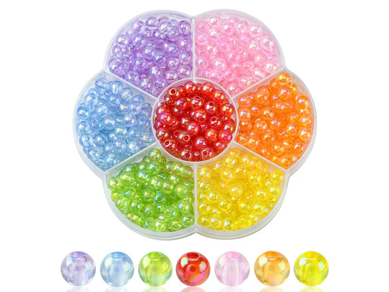 Boîte de 490 perles rondes transparentes en acrylique - 7 couleurs - 6 mm