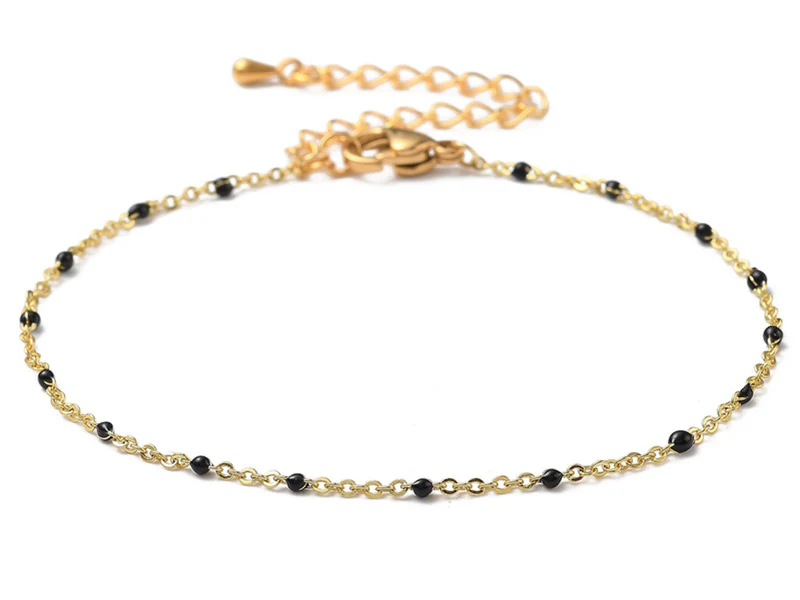 Bracelet chaînette émaillée à petits points noirs - 18,5 cm - doré à l'or fin 18K
