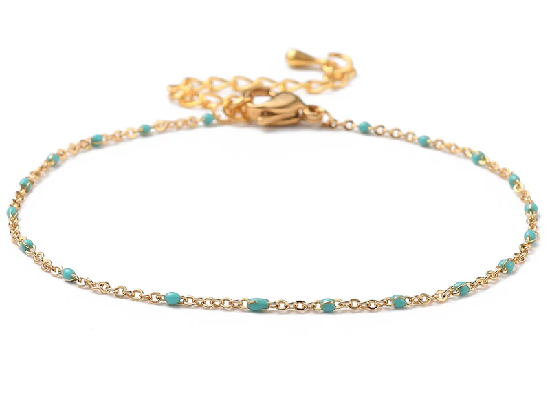 Bracelet chaînette émaillée à petits points turquoise - 18,5 cm - doré à l'or fin 18K