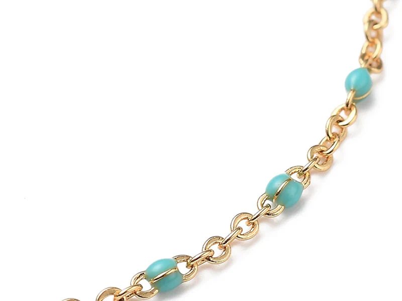 Bracelet chaînette émaillée à petits points turquoise - 18,5 cm - doré à l'or fin 18K - Image 4