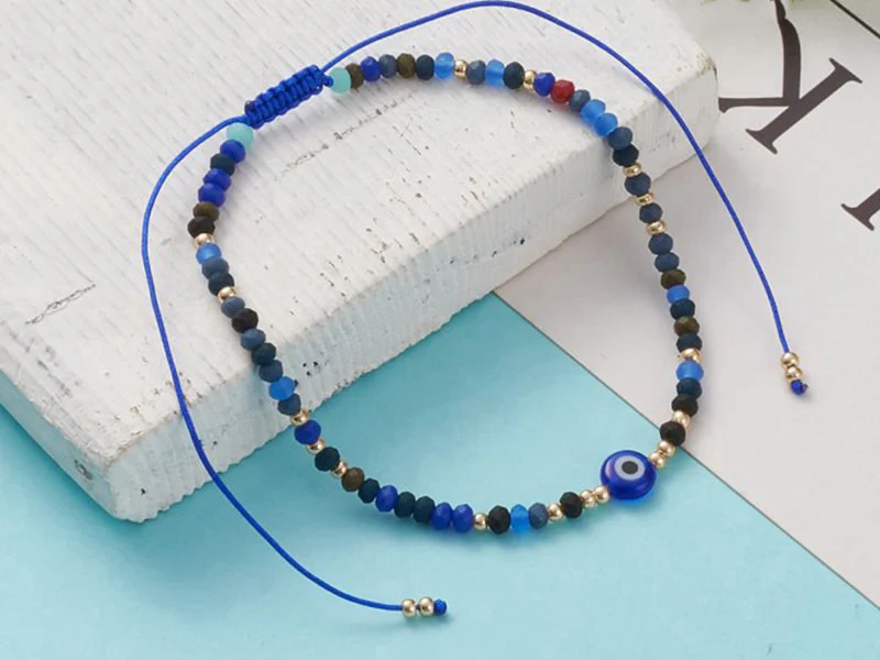 Bracelet perles œil bleu - porte bonheur - taille ajustable - Image 5