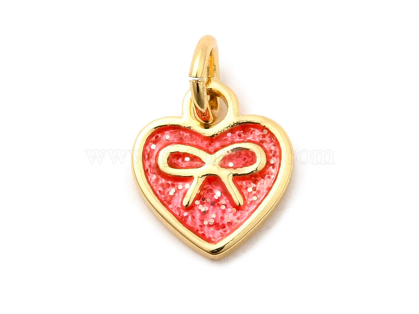 Breloque coeur avec noeud émaillé rouge - Doré à l'or fin 18K