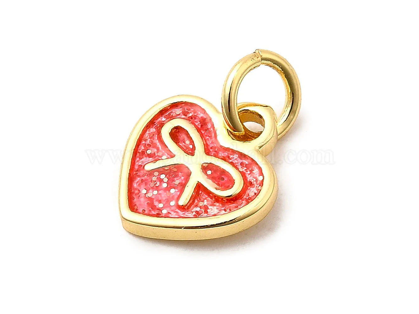 Breloque coeur avec noeud émaillé rouge - Doré à l'or fin 18K - Image 2