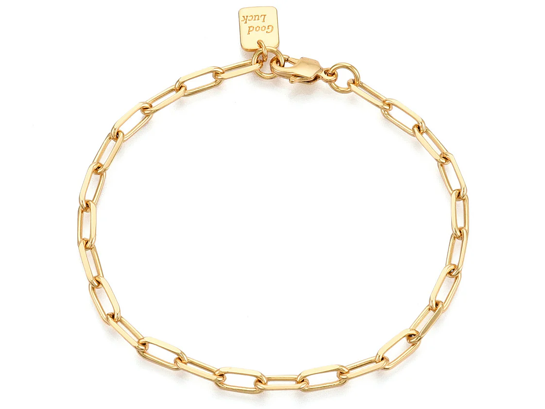 Bracelet chaîne trombone médaille Good Luck 21,5 cm - laiton doré à l’or fin