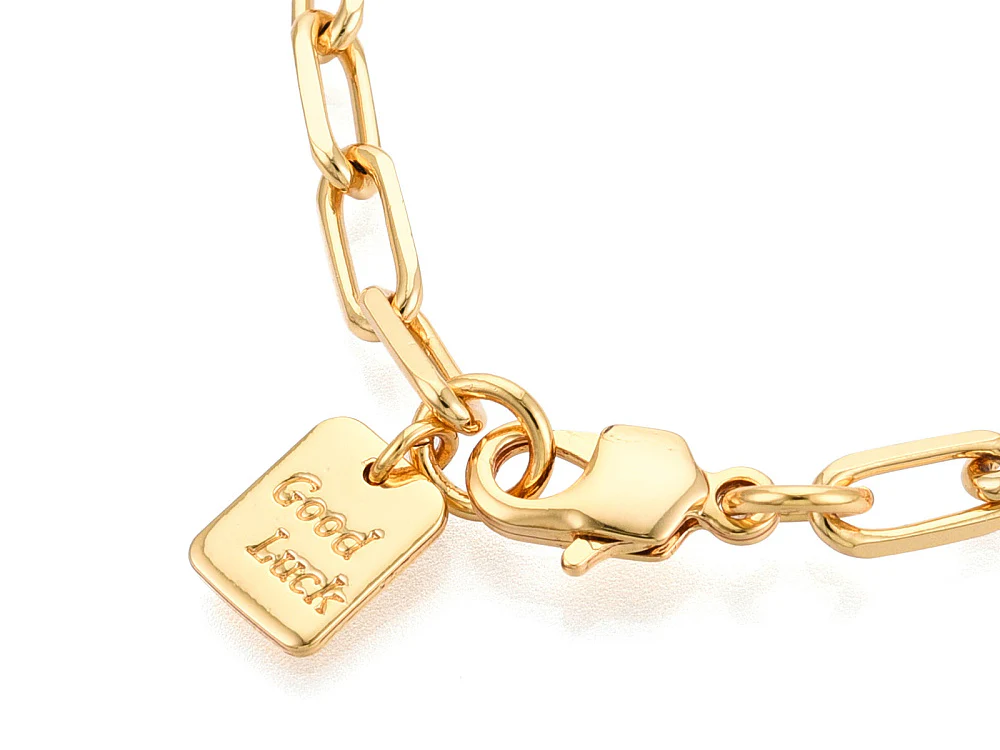 Bracelet chaîne trombone médaille Good Luck 21,5 cm - laiton doré à l’or fin - Image 2