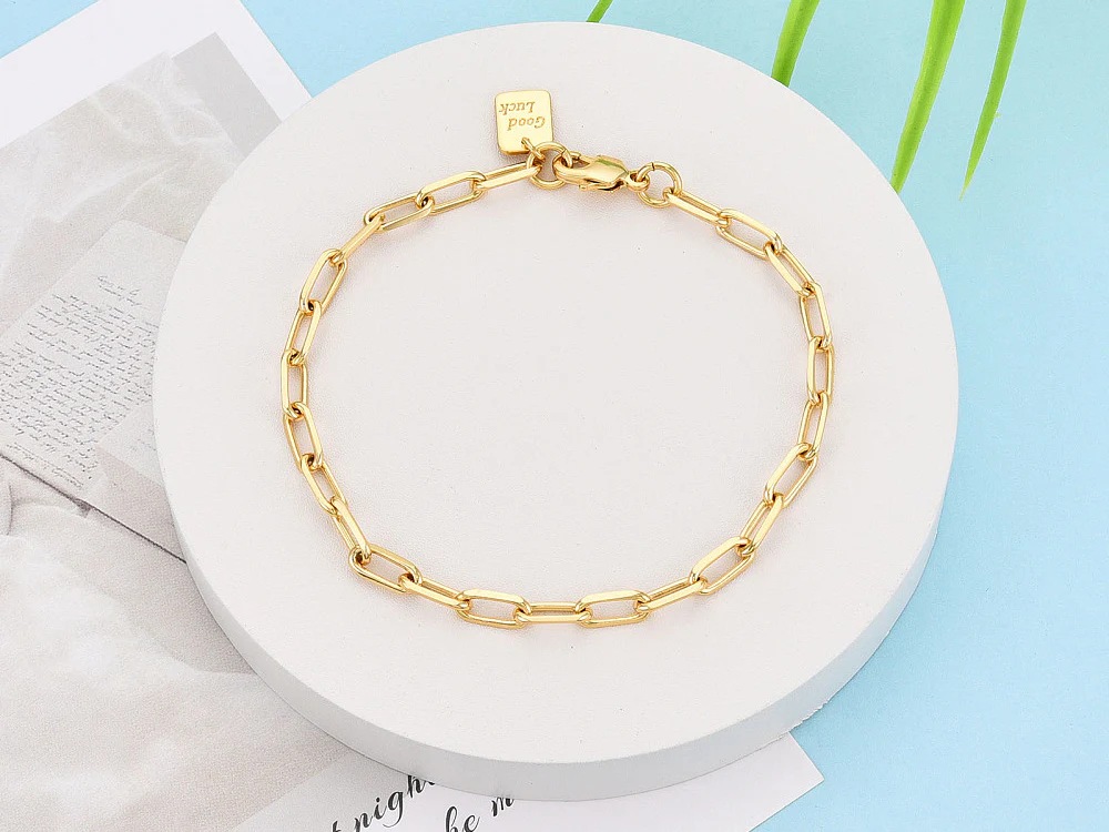 Bracelet chaîne trombone médaille Good Luck 21,5 cm - laiton doré à l’or fin - Image 3
