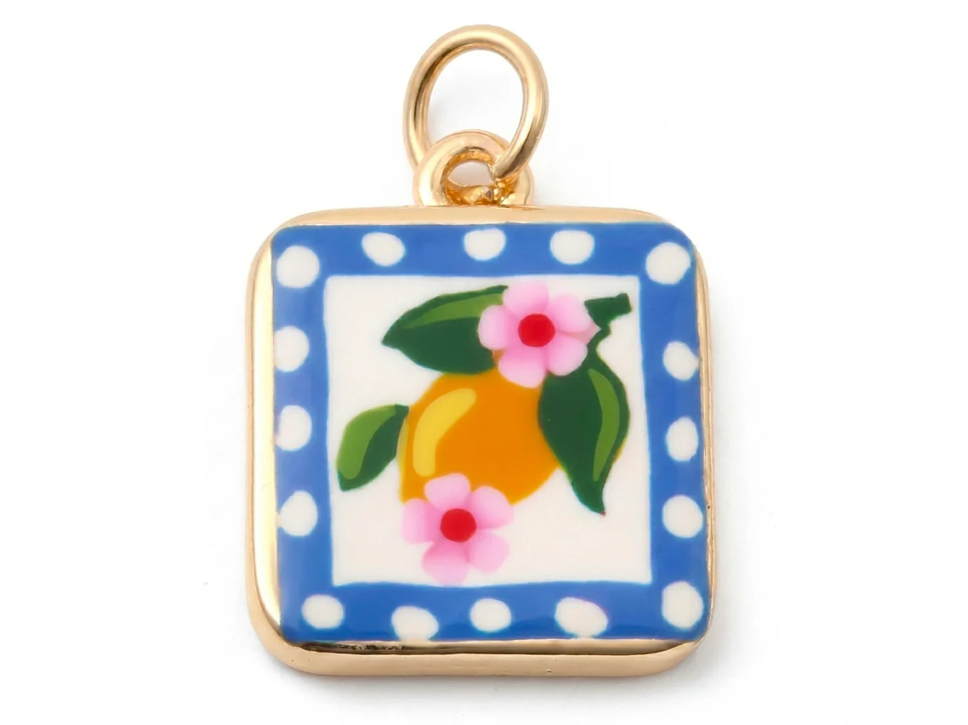 Breloque carrée citron fleuri imprimée - laiton doré