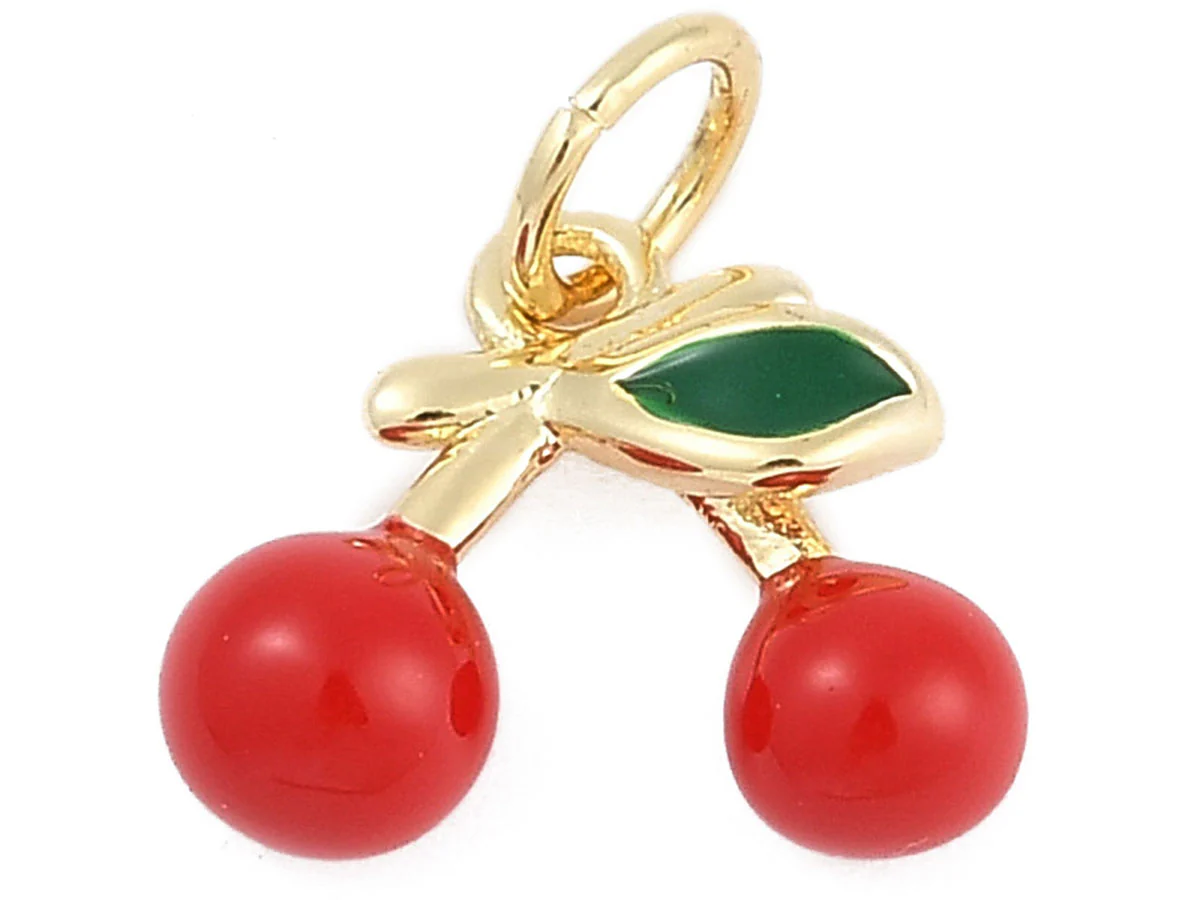 Breloque cerises émaillées en laiton doré à l’or fin - Image 2