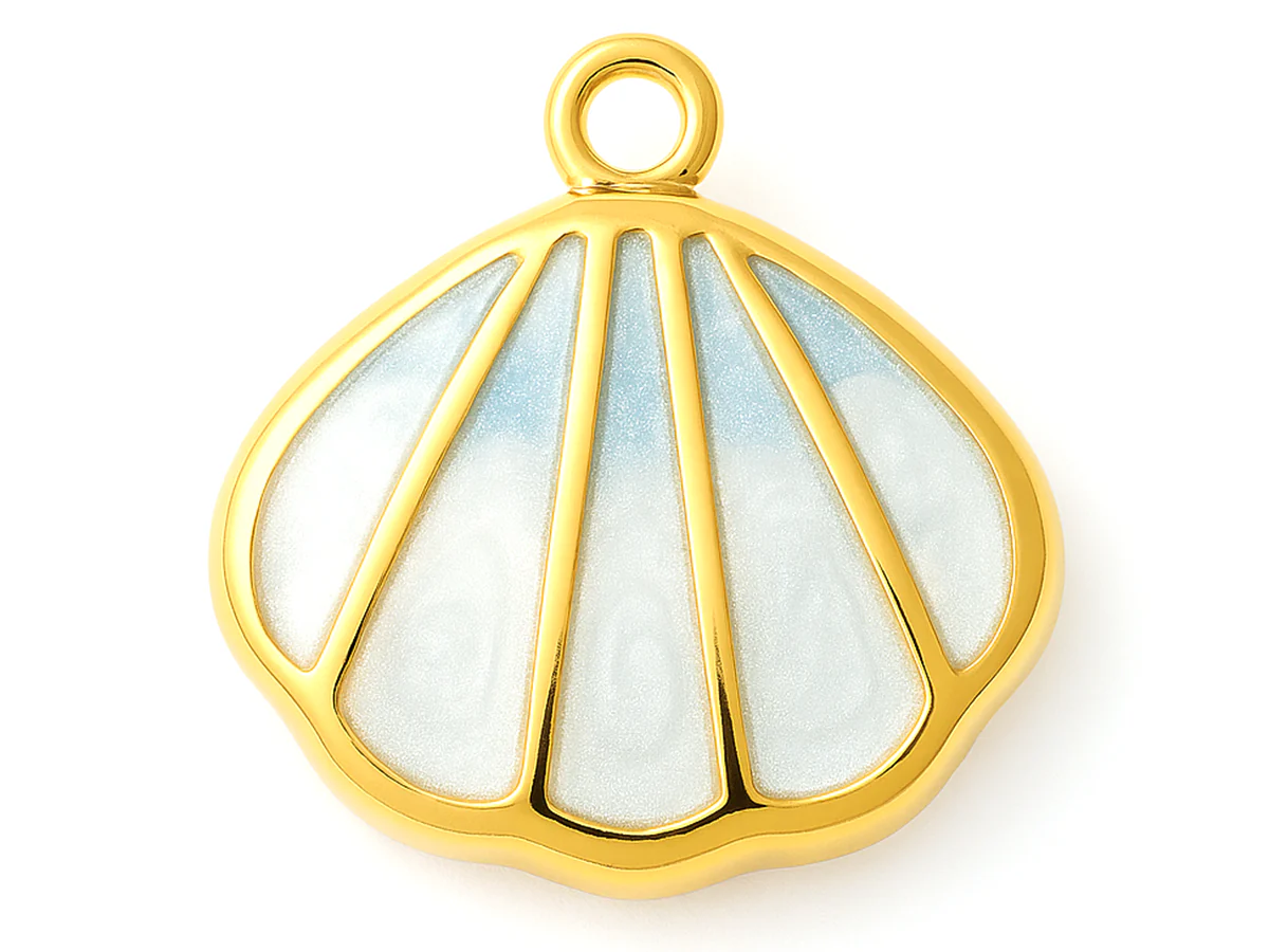 Breloque coquillage émaillé bleu clair en acier inoxydable 304 doré à l’or fin 18 K