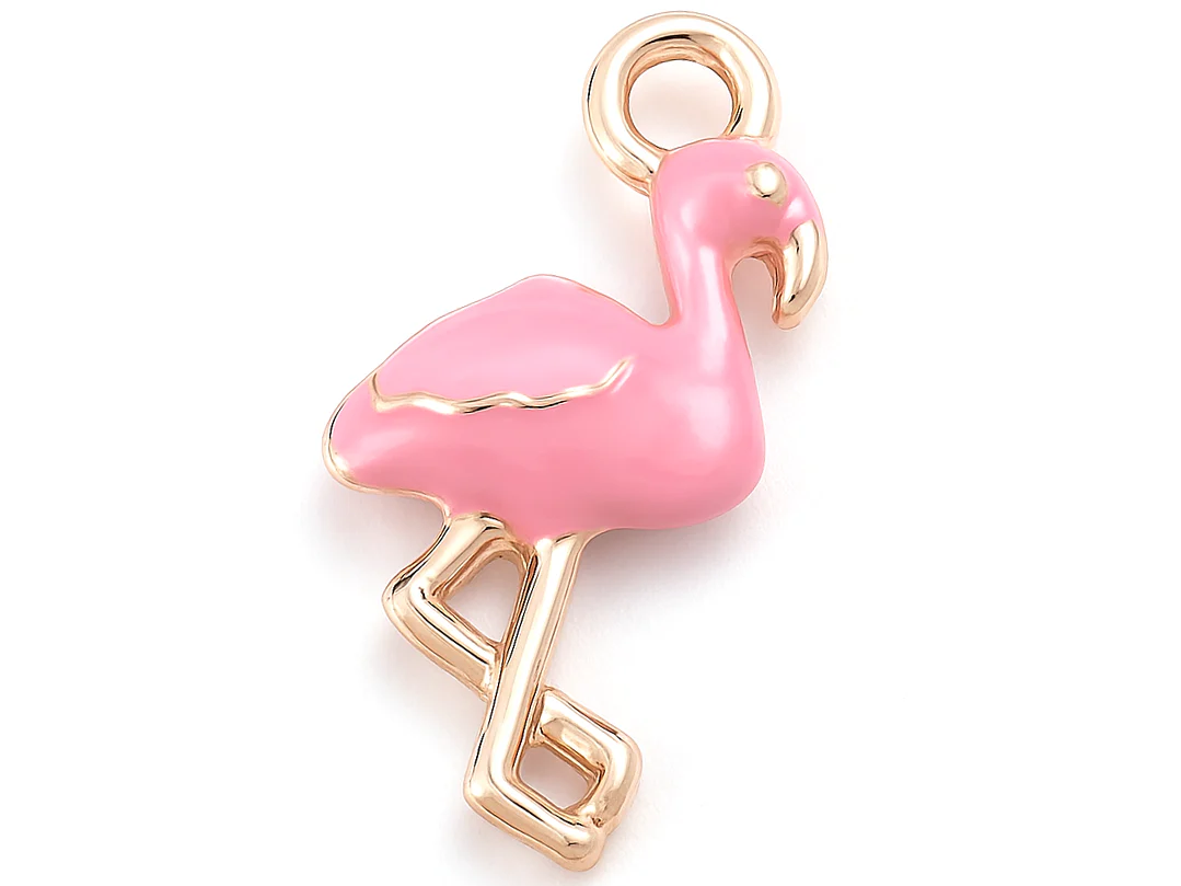 Breloque flamant rose émaillée rose en laiton doré – Touche tropicale pour bijoux DIY