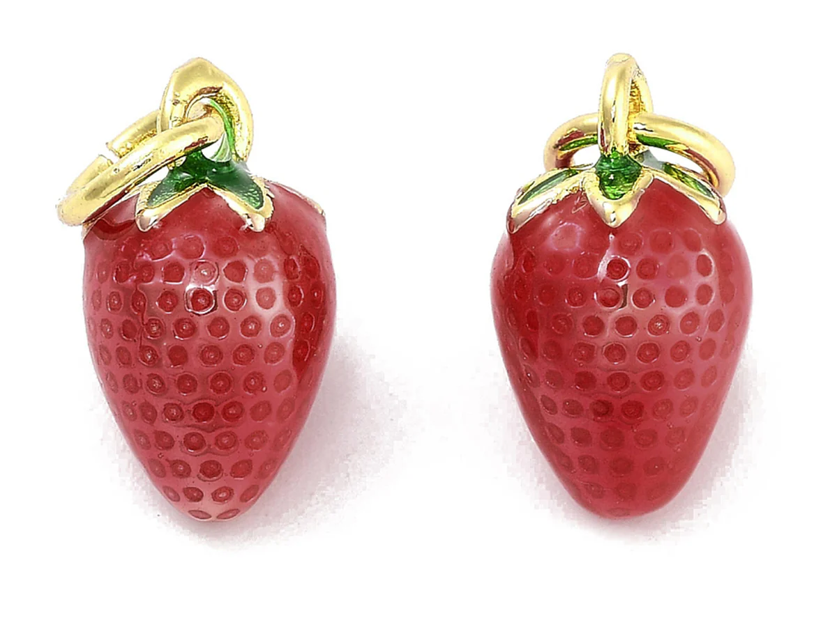 Breloque fraise émaillée en laiton doré à l’or fin - Image 3