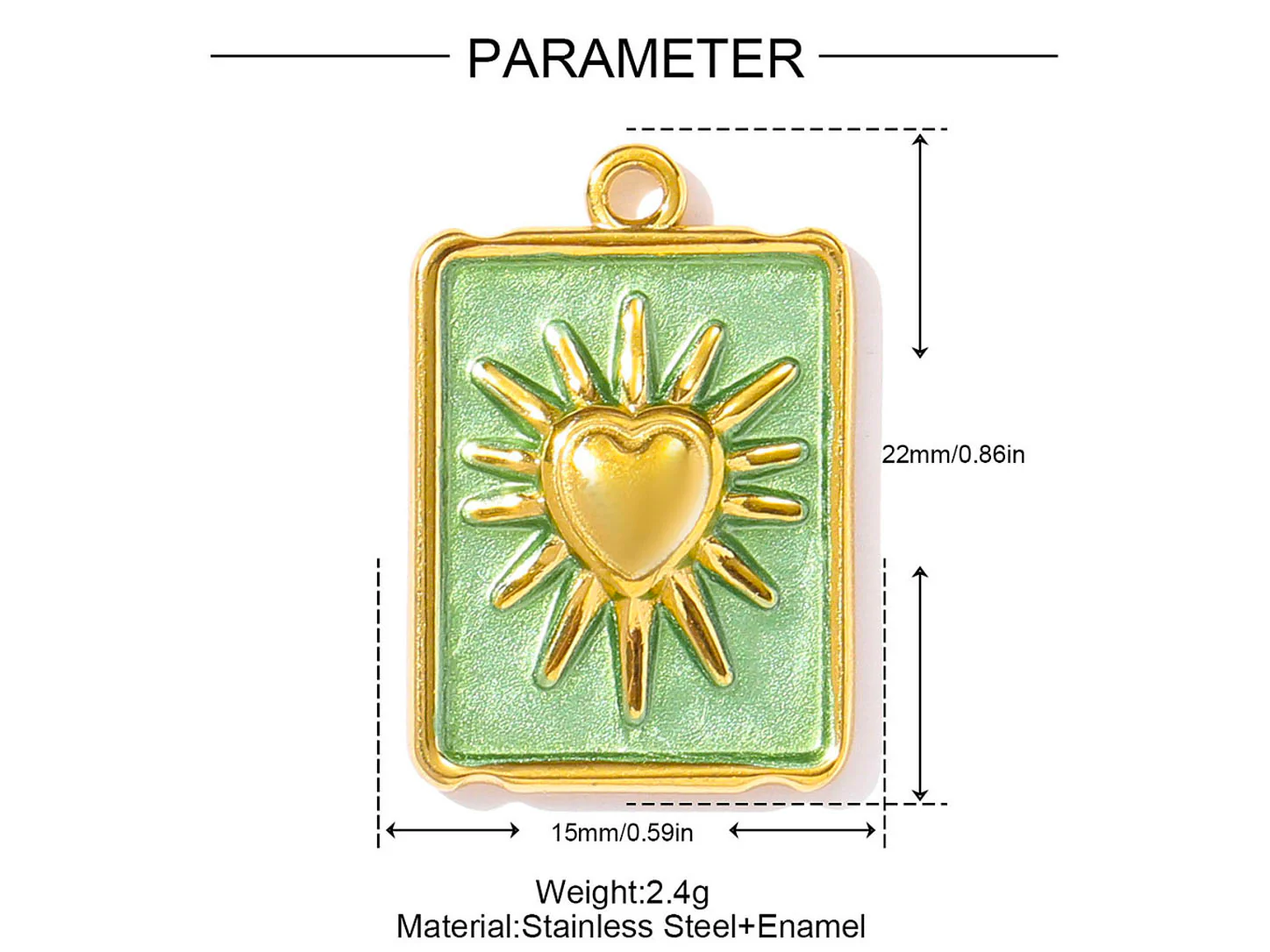 Breloque médaille rectangle avec cœur ex-voto vert d'eau doré à l'or fin - Image 2