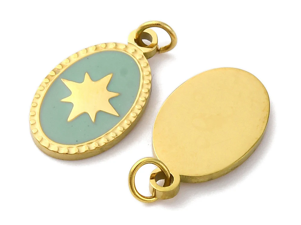 Breloque ovale vert océan avec étoile - doré or fin 18K - Image 2