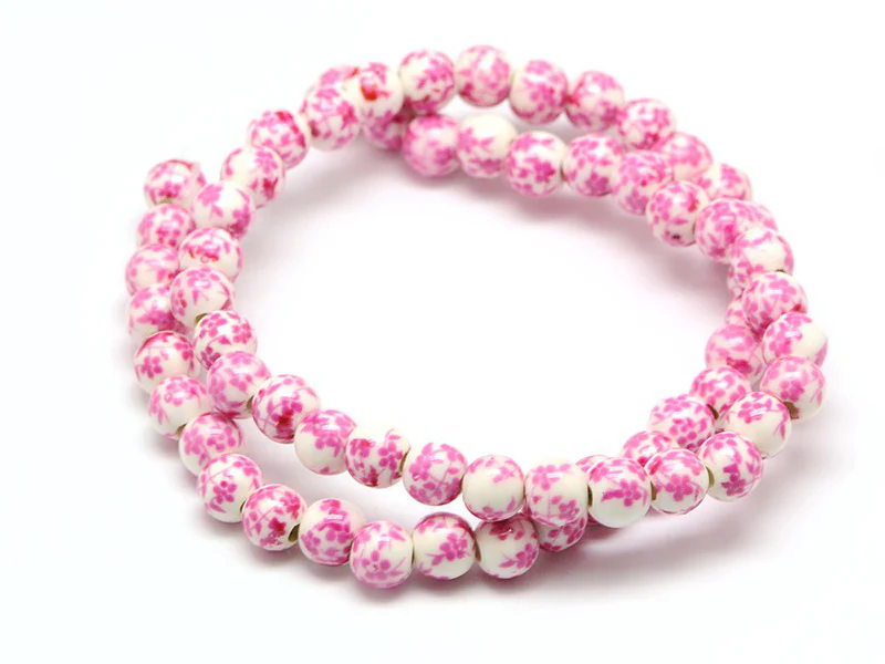Lot de 10 perles en porcelaine - fleurs roses - 6 mm - Image 2