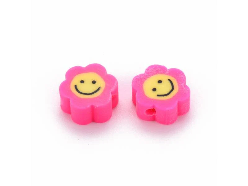 Lot de 20 perles en pâte polymère - fleur émoticône - Rose foncé