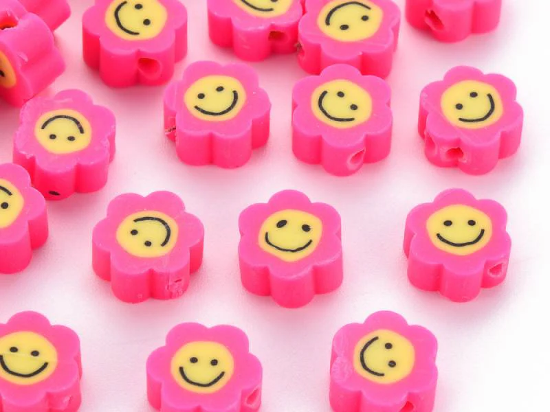 Lot de 20 perles en pâte polymère - fleur émoticône - Rose foncé - Image 2