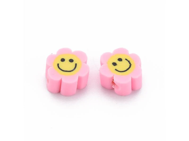 Lot de 20 perles en pâte polymère - Fleur émoticône - Rose perle