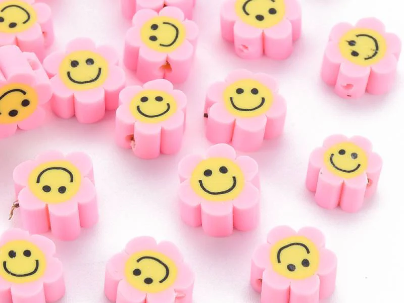 Lot de 20 perles en pâte polymère - Fleur émoticône - Rose perle - Image 2