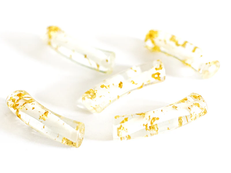 Lot de 5 perles tubes transparentes 6 mm - Feuille dorée