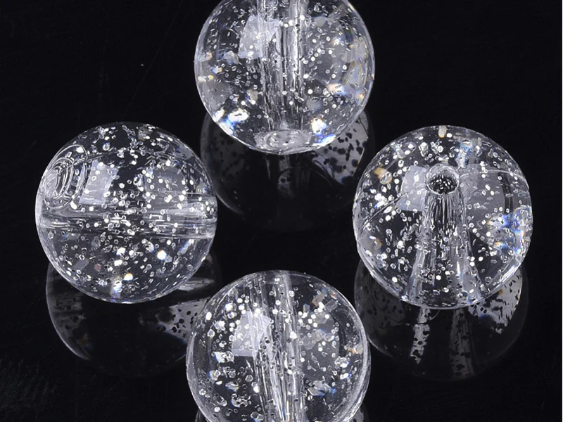 Lot de 50 perles rondes en acrylique transparentes - Pailleté argenté - Image 2