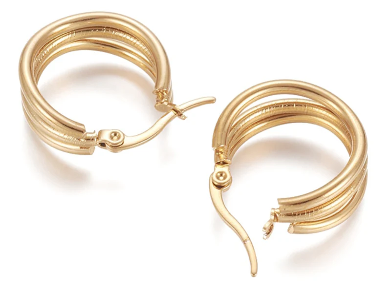 Paire de boucles d'oreilles créoles multi fils - en acier inoxydable doré- 20 mm - Image 2