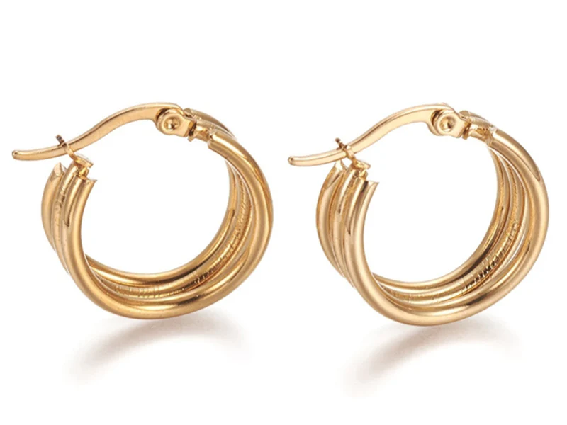 Paire de boucles d'oreilles créoles multi fils - en acier inoxydable doré- 20 mm - Image 3