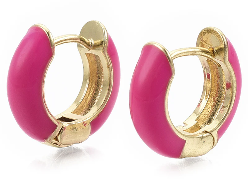 Paire de boucles d'oreilles huggie - Émaillé et doré à l'or fin - Rose vif