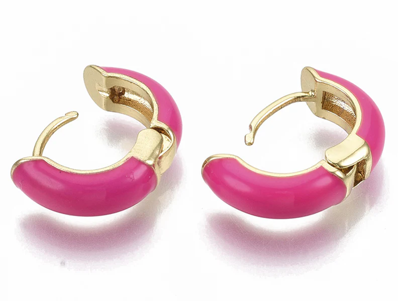 Paire de boucles d'oreilles huggie - Émaillé et doré à l'or fin - Rose vif - Image 2