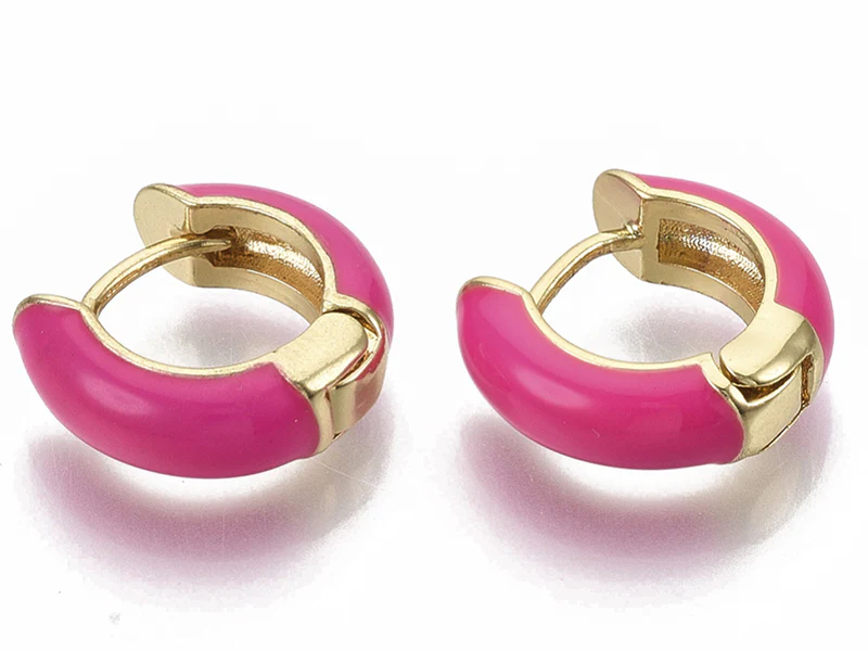 Paire de boucles d'oreilles huggie - Émaillé et doré à l'or fin - Rose vif - Image 3