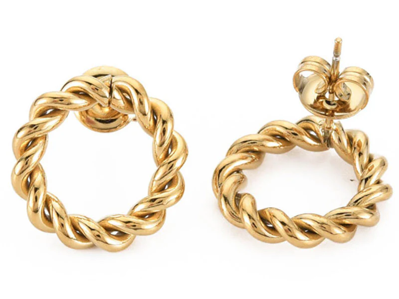 Paire de boucles d'oreilles puces - Rond torsadé - Doré à l'or fin 14k - 16 mm - Image 2