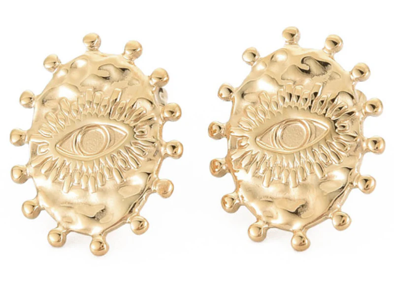 Paire de puces d'oreilles ovales ethniques - doré a l'or fin 18K - 19 x 15 mm