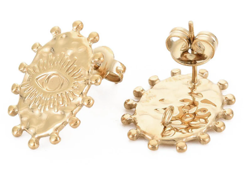 Paire de puces d'oreilles ovales ethniques - doré a l'or fin 18K - 19 x 15 mm - Image 2
