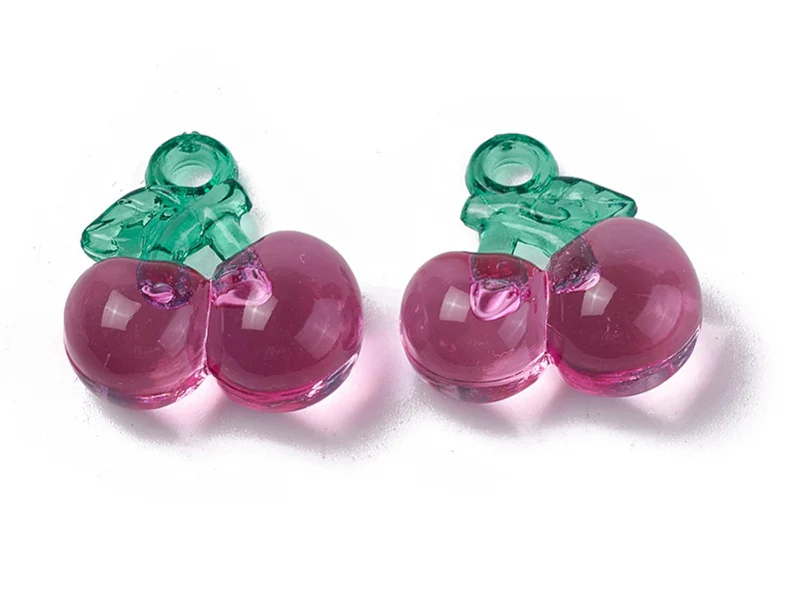 Pendentif cerise en acrylique transparent - Rose et vert