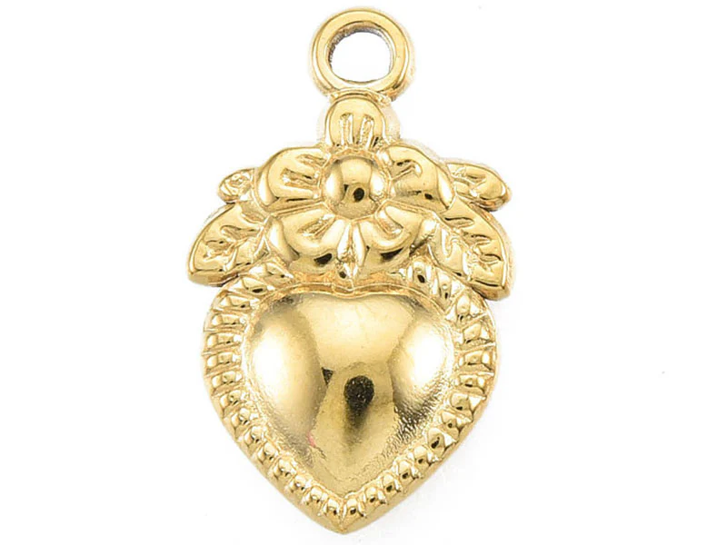 Pendentif cœur et fleur doré à l'or fin 18K Ex voto - 21 x 13 mm