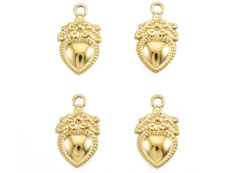 Pendentif cœur et fleur doré à l'or fin 18K Ex voto - 21 x 13 mm - Image 3